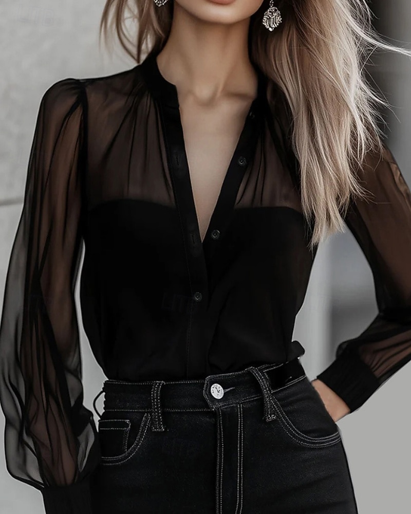 Жен. Рубашка Elegant Атласный верх Блуза Пэчворк Сетка Полотняное плетение Стиль Длинный рукав V-образный вырез Обычные топы Повседневные Праздники На выход Черный Лето Весна 2026 - $32.99 –P2