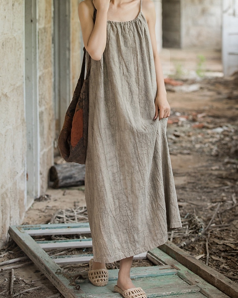 Women's Midi Dress Cotton Linen Dresses Shift Dress Sundress Slip Dress Vintage Fashion Daily Outdoor Vacation Loose Fit Plain Sleeveless Straps Blue Teal White Yellow Summer Spring 2026 - $49.99 –P4