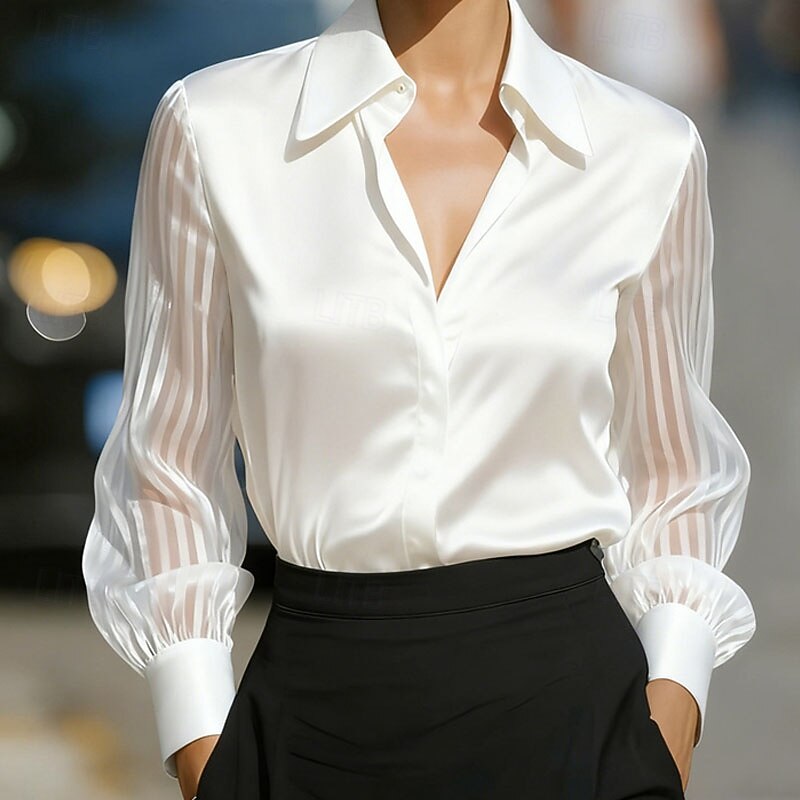 Damskie Koszula Elegancki Top satynowy Bluzka Z marszczeniami Oczko Guziki Równina Elegancja Zabytkowe damska Długi rękaw Kołnierzyk koszuli Zwykłe topy Codzienny Praca Święto Czarny Biały Czerwony 2026 - $26.99 –P2