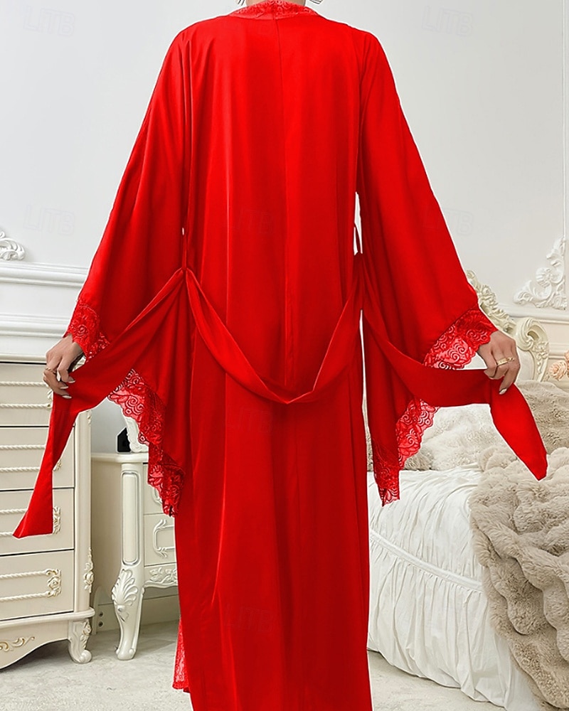 Γυναικεία Ρόμπα Καθημερινό Μαλακή Σατέν Μονόχρωμες Δαντέλα Παντελόνι Καθημερινά Σπίτι Κρεβάτι Μακρυμάνικο Λαιμόκοψη V Μαύρο Λευκό Κρασί Ρουμπίνι Καφέ Καλοκαίρι Άνοιξη Κανονικό 2026 - $39.99 –P13