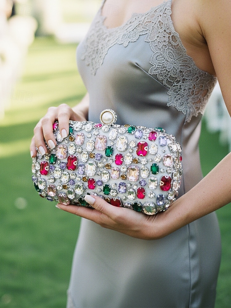 Women's Polyester Clutch Bag with Gemstone Embellishments, Chain Shoulder Strap, Large Capacity, Multiple Colors – Perfect for Weddings and Evening Parties 2026 - $34.99 –P1