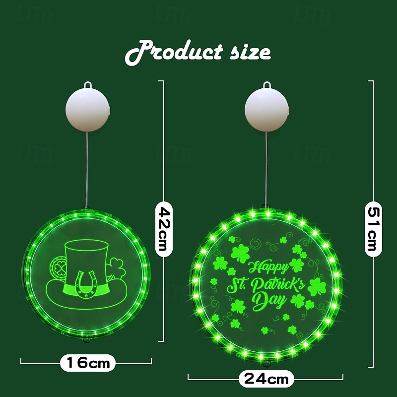 2026年 アイルランドの聖パトリックの日の飾り、LED吊り下げライト、22/24cmのシャムロック &レプラコーンの帽子の吸盤ライト、屋内ドア、窓、壁、パーティー、休日の装飾、単4電池ボックス付き  コレクション – $16.49 –P6
