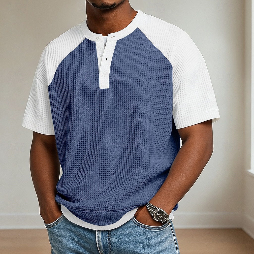 Heren Wafel T-shirt T-shirt Korte mouw Henley Zomer Lente Lente zomer Effen Kleur Met Textuur Modieus Ontwerper Casual Kleurenblok Gebreid Casual Dagelijks Buiten Licht Blauw Lichtgroen Paars Top 2026 - $22.99 –P4