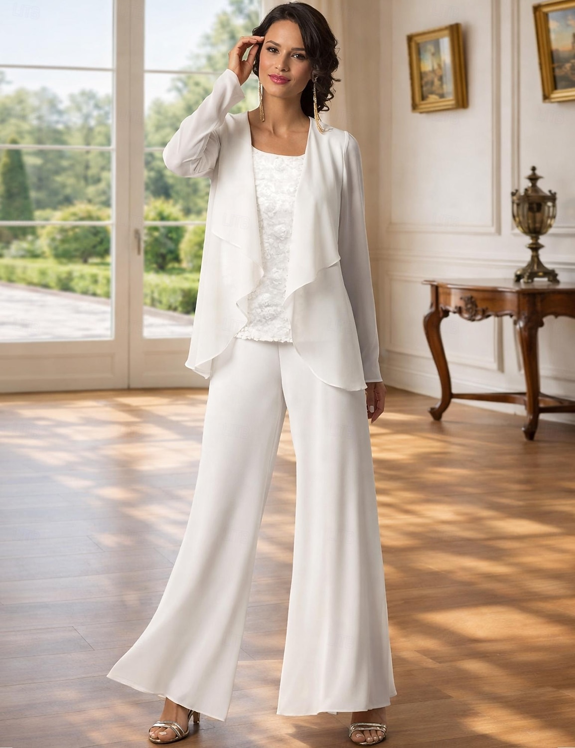 Traje de pantalón Traje de 3 piezas Hasta el Suelo Vestido de Madrina Sin Mangas Barco de cuello Elegante Talla Grande Bolero incluido Formal Invitado a la boda Gasa con Encaje 2026 - $126.99 –P1