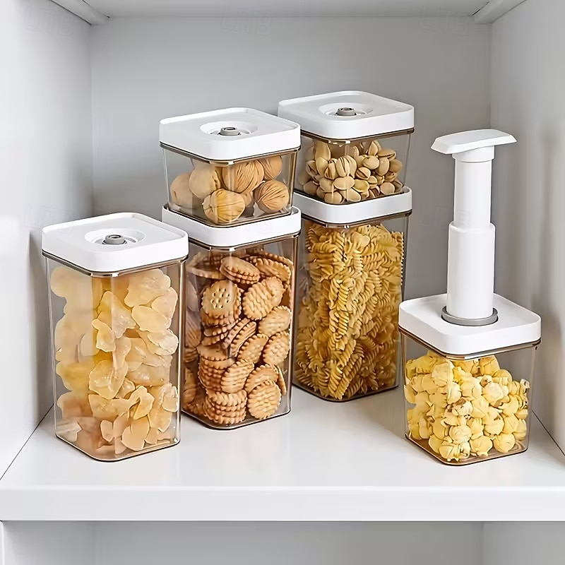 4 stuks handmatige vacuüm bewaardozen (3 dozen + 1 luchtpomp), vierkant ABS-materiaal met deksel, inclusief luchtpomp, vervangende bewaardoos voor in de koelkast, geschikt voor fruit, groenten, granen 2026 - $28.99 –P1