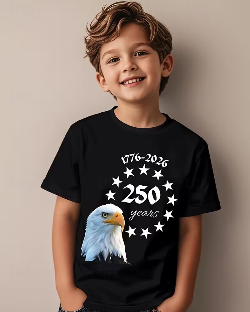 100% Coton Enfants Garçons Noir Graphique Aigle 250e anniversaire T-shirt Chemisier Col Rond Manche Courte Extérieur Tenue Quotidienne Mode Streetwear Designer Impression Été de 2026 ? $21.99 –P1
