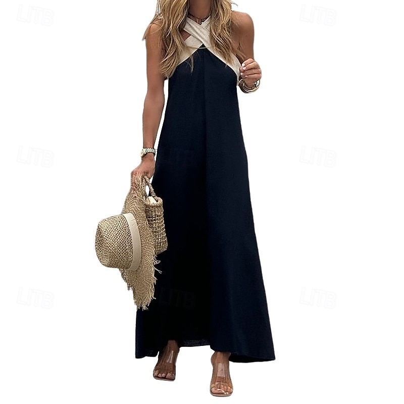 женское макси-платье хлопковое льняное платье платье-футляр сарафан платье с воротником-халтером модное современное платье для отдыха на природе свободное платье для прогулок платья свободного кроя цветовые блоки без рукавов с воротником-халтером черное л 2026 - $31.99 –P5