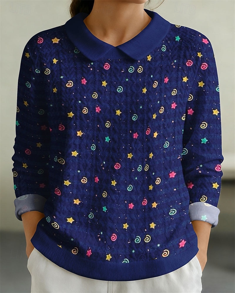 Damen Pullover Sweatshirt Patchwork Druck Grafik Einfach Elegant Warm Mode Langarm Revers Normale Oberteile Heim Arbeit Straße Blau Saphir Rosa Dunkelgrün Violett Herbst Winter 2026 - $29.99 –P5