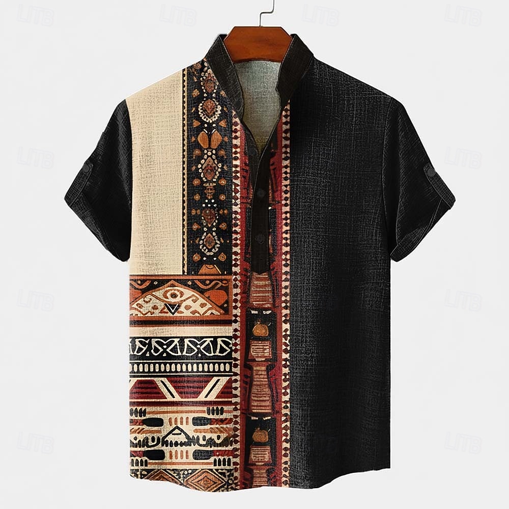 Pánské Barevné bloky Etno Etický / Afričan Košile Košile s knoflíkem Krátký rukáv Vintage Retro Dovolená Běžné / Denní Léto Jaro Stojáček Henley Collar 3D tisk Len jako košile Khaki Černá 2026 - $25.99 –P2