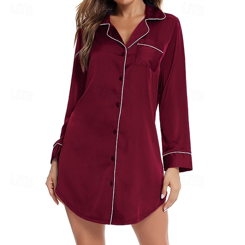 Dame Pyjamas lounge Mote Fritid Komfort Ren farge Lapper Lomme Elastisk midje Kjoler Daglig Hjem Feriereise Langermet Knaphul Vin Høst Vinter Løstsittende 2026 - $32.99 –P1