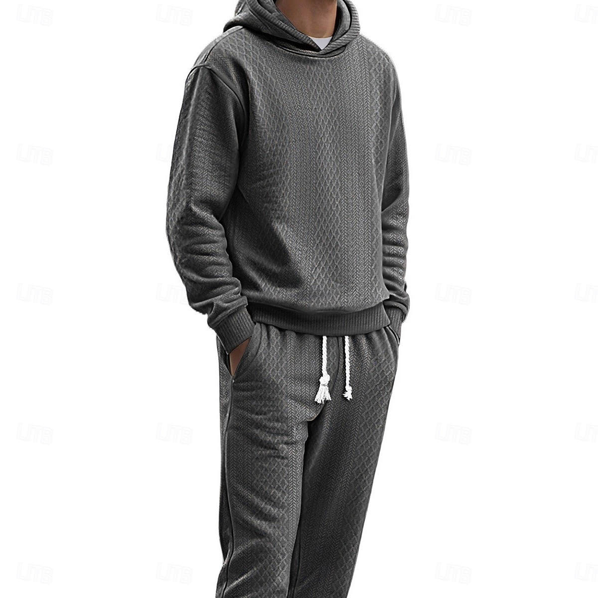 Men's grey textured jacquard hoodie and jogger matching set