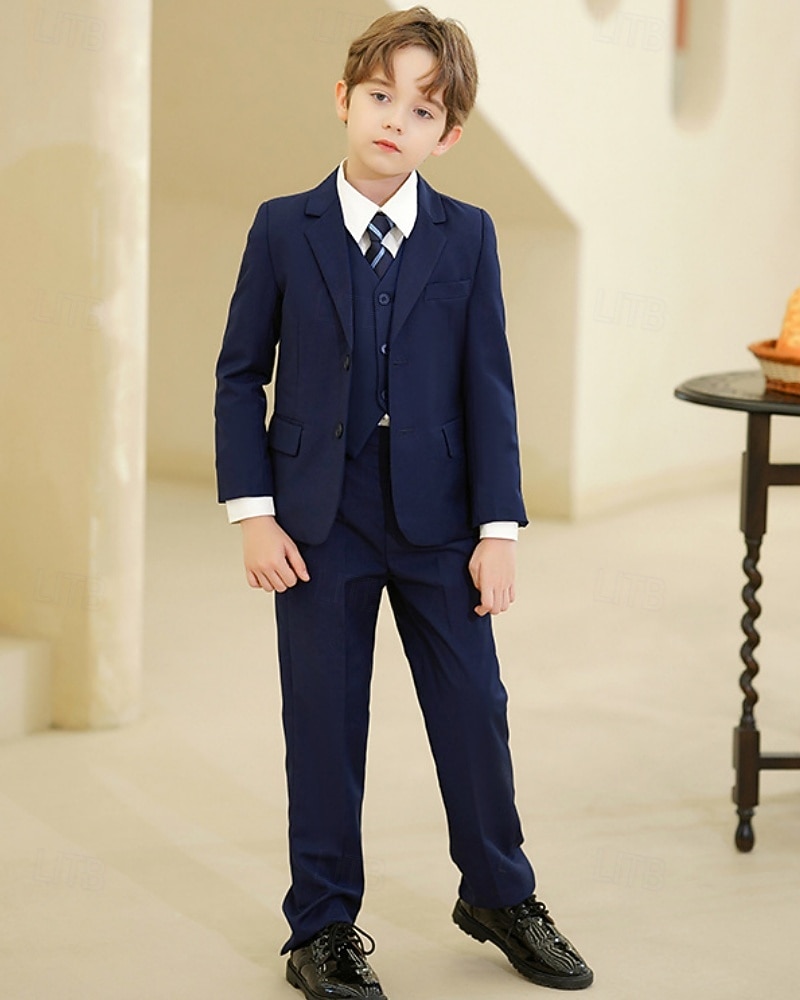 5 Pieces Ring Bearer Suit Boys' Kids Suit Blazer & Vest & Pants & Shirt & Tie Boy's Formal Suit Casual Outdoor Party Fashion Cool Basic Solid Color Pocket Buttons Black Navy Blue Polyester 2026 - $64.99 –P2