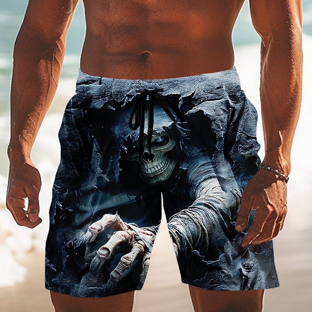 Herre Hodeskaller Mannen med ljåen' Død Badeshorts Surfeshorts Medium Midje Retro / vintage Mørk gotisk stil utendørs Feriereise Sidelommer Mesh fôr Elastisk snøring i midjen Designer Klær 2026 - $20.99 –P1
