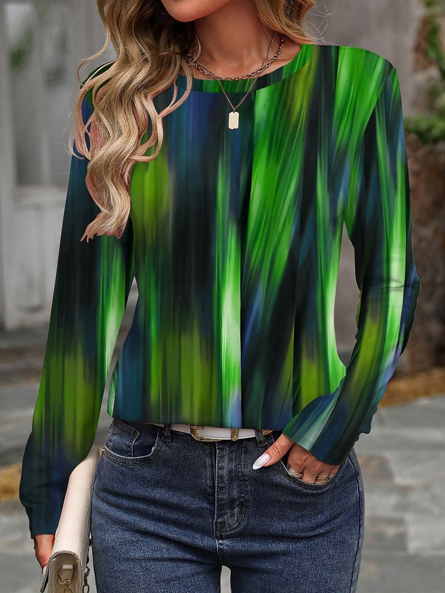 Women's T Shirt Print Graphic Geometry Vintage Stylish Modern Long Sleeve Crew Neck Regular Tops Daily Weekend Blue Purple Green Spring Winter 2026 - $24.99 –P4