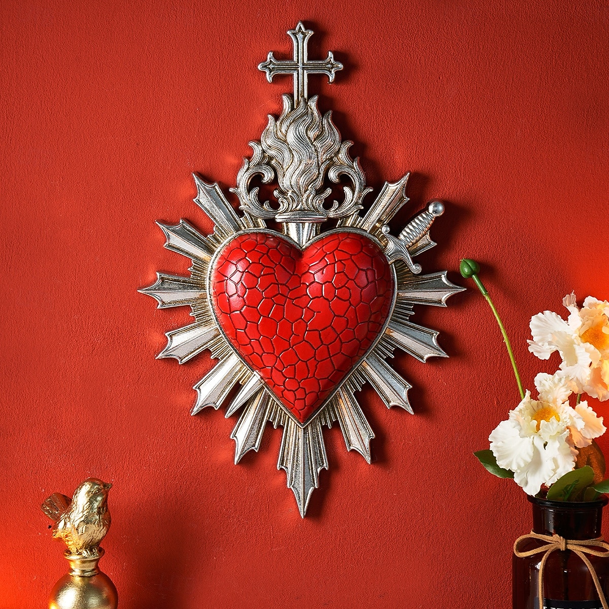 לב קדוש עם חץ לוהט לקישוט קיר, קישוט תלייה דתי בעבודת יד משרף, קישוט קיר רקע בסגנון אירופאי לבית, מלון &אבזרי צילום 2026 - $32.99 –P9