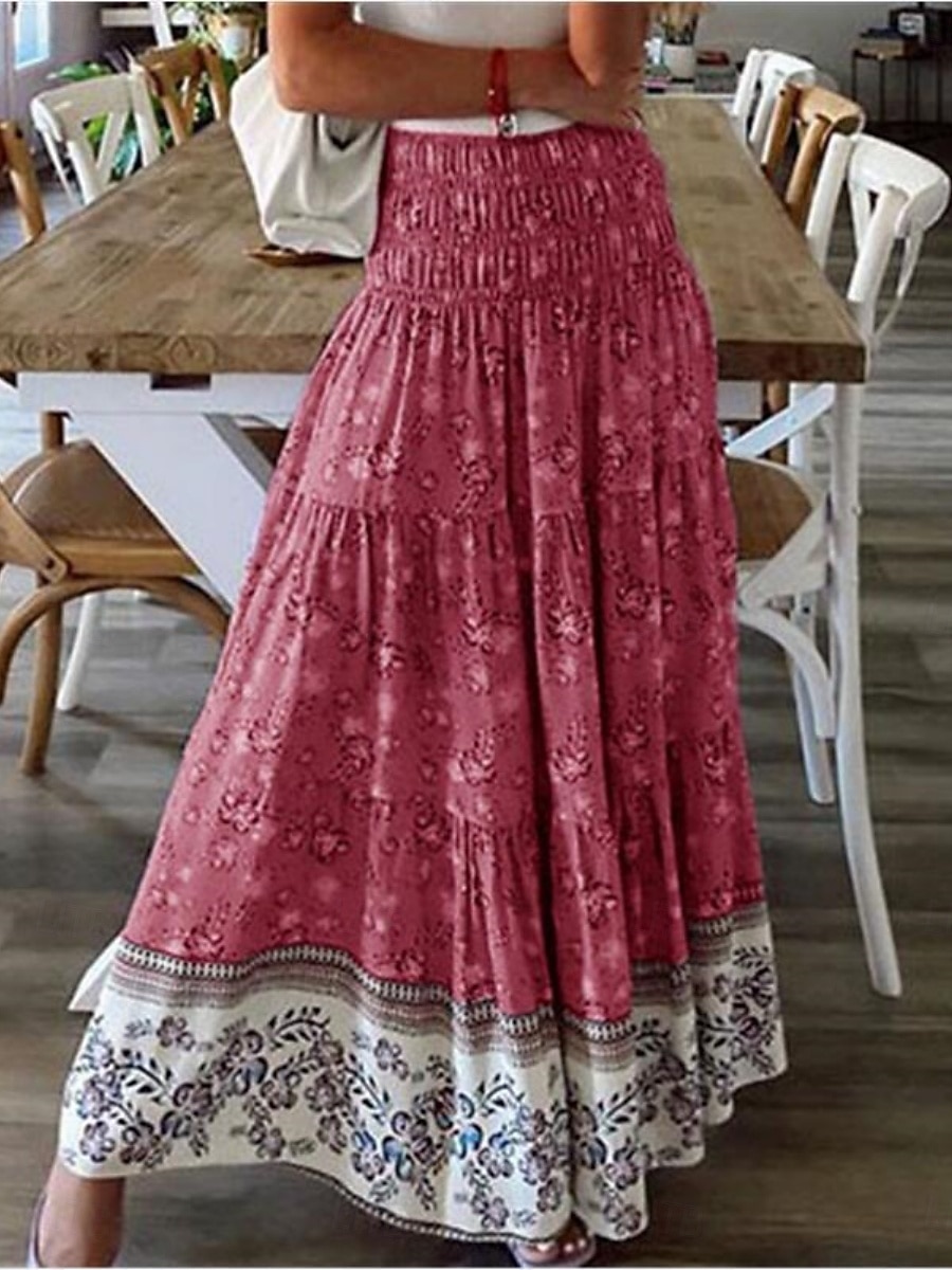 Mulheres Boêmia Moda Casual Longo Cintura Alta Saias Floral Imprimir Com Stretch Diário Rua Vermelho Azul Roxo Verde Primavera de 2026 por $28.99 –P1