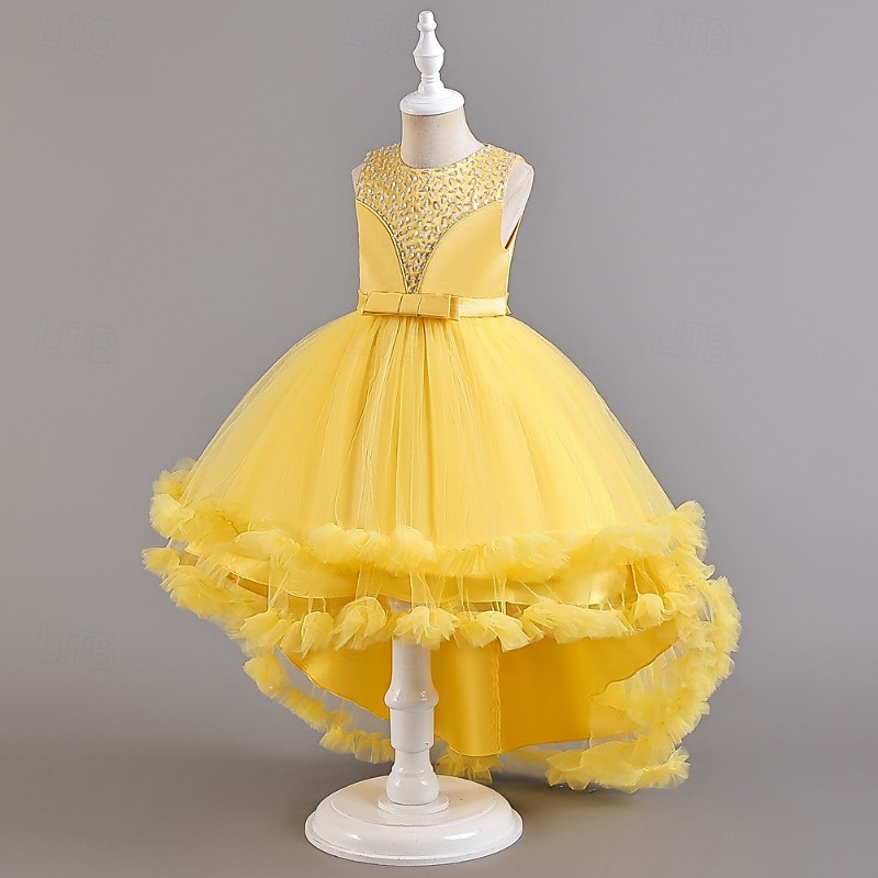 Bloemenmeisjesjurk, communiejurk, formele jurk voor meisjes, trouwkleding, feestkleding, formele mode voor bruiloften, schattige patchwork, mesh, effen kleur, mouwloos, ronde hals, geel, roze, 4 jaar 2026 - $51.99 –P11