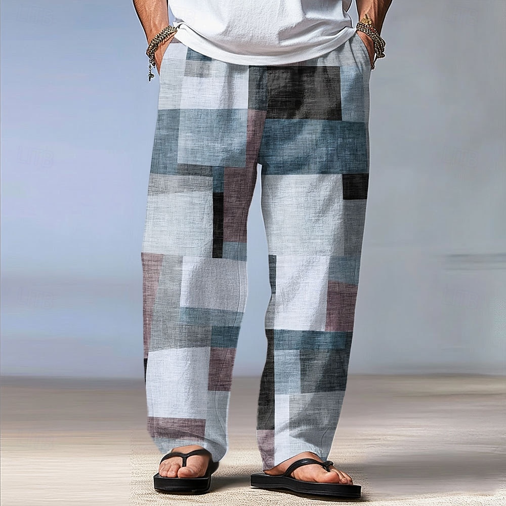 Hombre Geométrico Plaid Bloque de color Pantalones Pantalones casuales Pantalones anchos Media cintura Moda Hogar Exterior Vacaciones Cintura elástica con cordón Pantalones tipo lino con bolsillos 2026 - $27.99 –P2