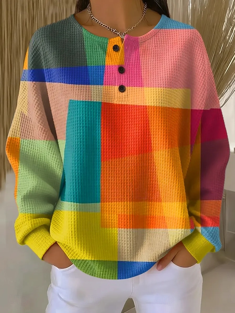 Femmes Sweatshirt Pull Boutons Graphique Géométrique Mode Occasionnel Imprimé manche longue Col ras du cou Hauts Réguliers Occasionnel Maison Travail Bleu Rouge Orange Bleu de minuit Printemps Automne de 2026 ? $27.99 –P1