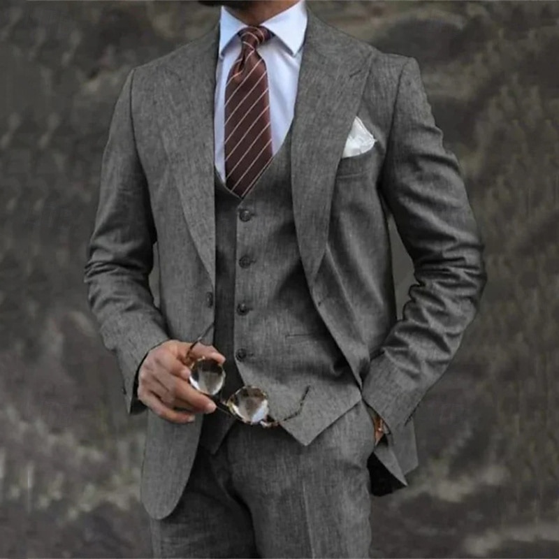 Men's Blazer+Vest+Dress Pants Blazer Jacket Suits Business Work Party Elegant Fashion Spring Fall Linen Solid Color 3-Piece Single Breasted Blazer Blue Dark Gray Light Green Pink 2026 - $119.99 –P5