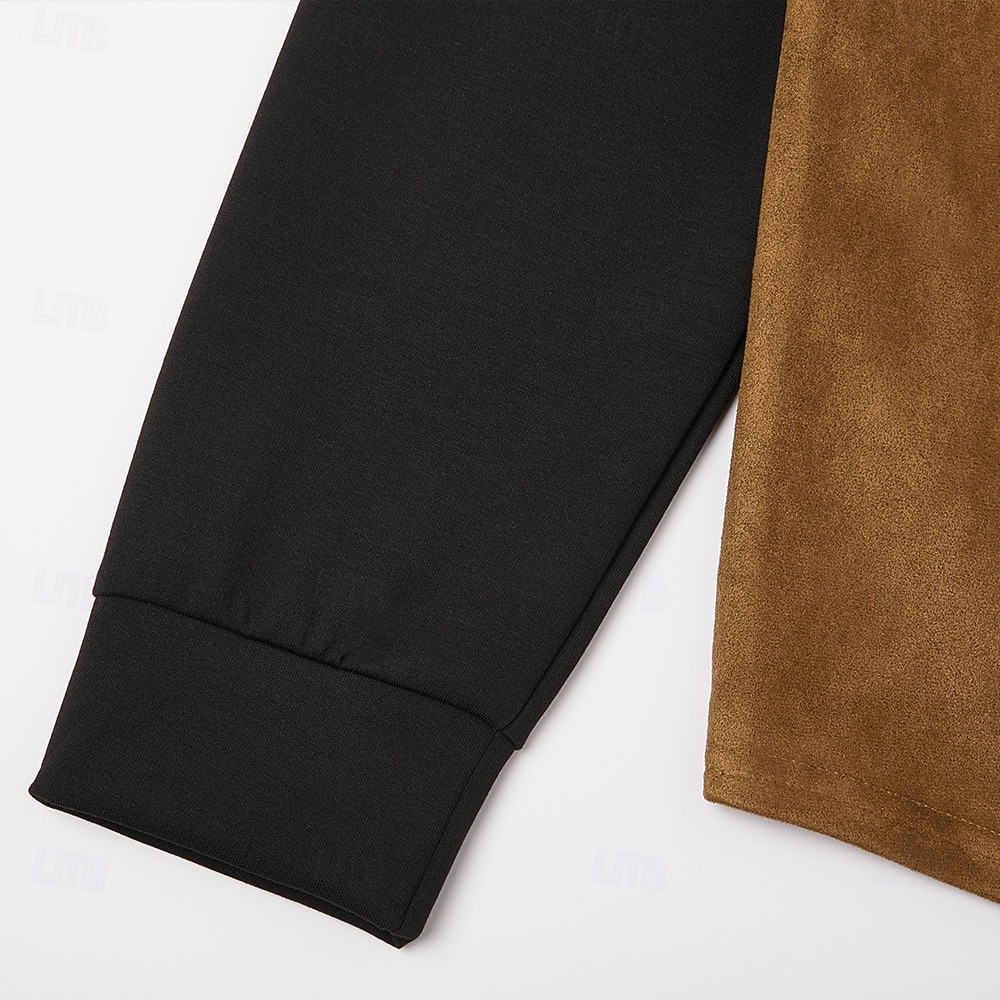 Pánské tričko s dlouhým rukávem z imitace semiše, výstřih do V, vrásněný design, skladané topy, podzim/zima, barevné bloky, vintage, denní, retro, nabírané, barevné bloky, outdoor, street, ležérní, modrá, hnědá, khaki 2026 - $29.99 –P14