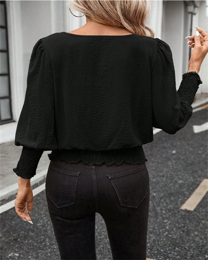Per donna Blusa Top Eleganti Arricciato Patchwork Tinta unica Semplice Elegante Vintage Signore Manica Lunga Girocollo Top Regolari Quotidiano Lavoro Uscire Blu Nero Bianco Rosa Verde Estate Primavera del 2026 a $25.99 –P2