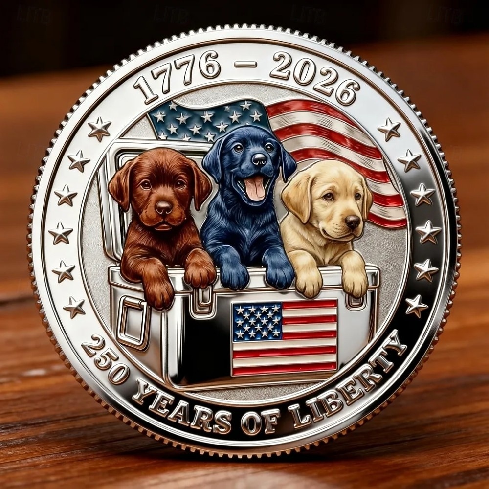 Памятные монеты США к 250-летию, трехцветные, с изображением патриотических собак, коллекционные монеты к полувековому юбилею, «Родина храбрых», с изображением американского флага и щенка. 2026 - $19.99 –P1
