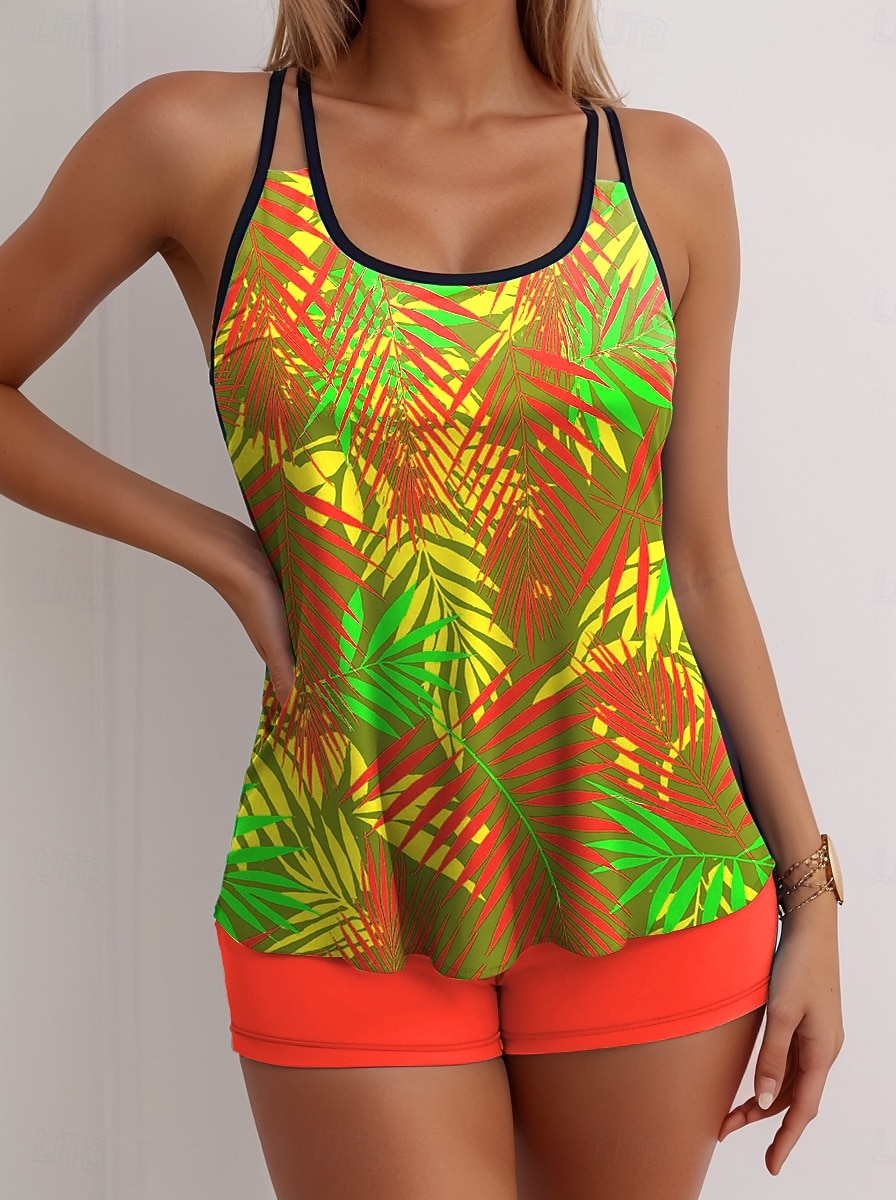 Tankini Feminino de 2 Peças Maiô Palma Alta Sem Costas Férias Praia Vestuário Gráfico Geométrico U Decote Sem Mangas de 2026 por $39.99 –P5