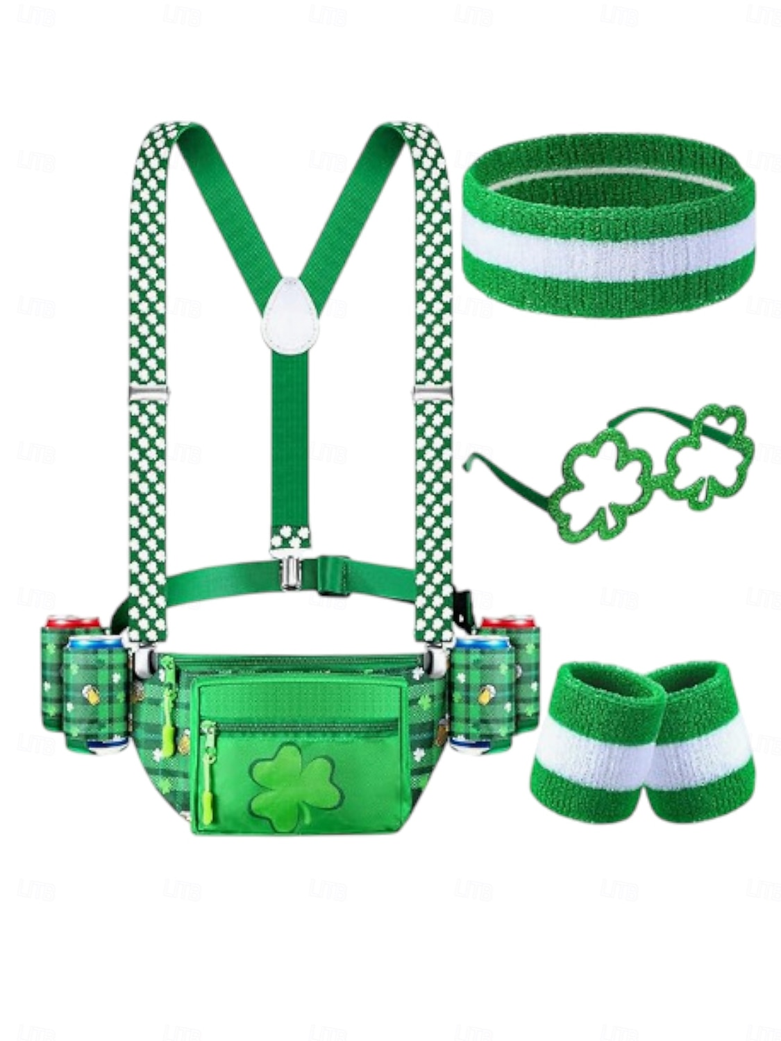 borsetă bărbătească cu trifoi verde de Ziua Sfântului Patrick, bretele &set de accesorii – echipament de festival cu bandă pentru cap, benzi pentru brațe și ochelari 2026 - $26.99 –P10