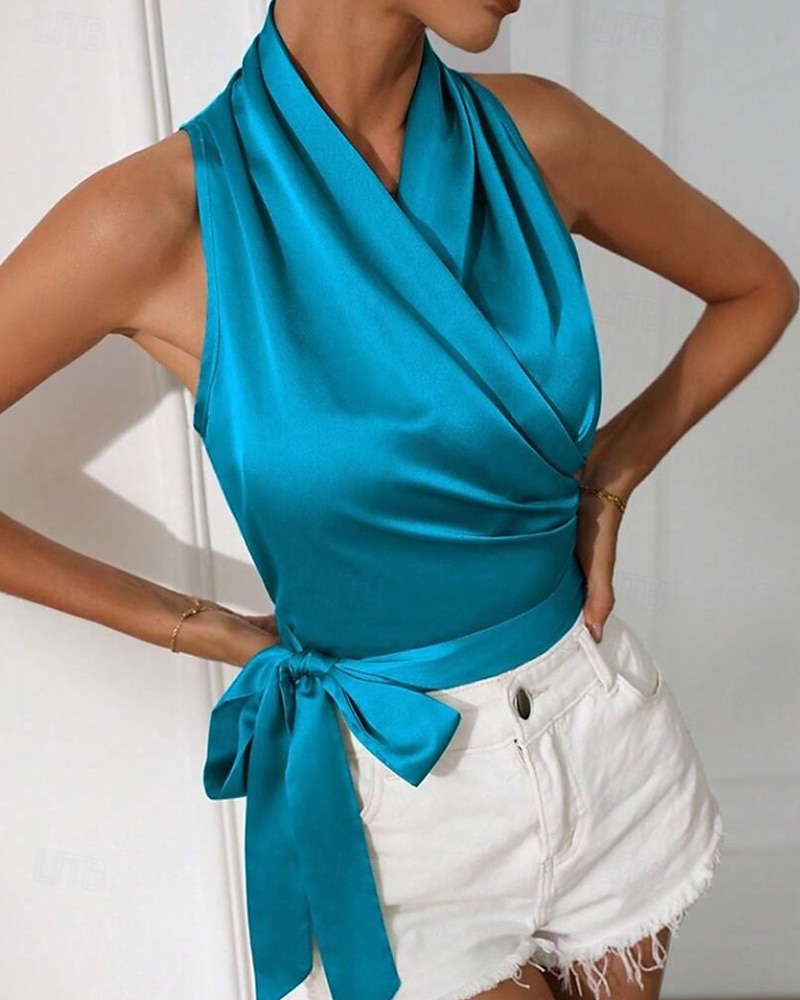 Жен. Блуза Открытая спина Полотняное плетение Стиль Секси Без рукавов НАЙКА НЕКО Обычные топы Праздники На выход Синий Черный Цвет шампанского Светло-зеленый Лиловый Лето Весна 2026 - BHD 10.12 –P11