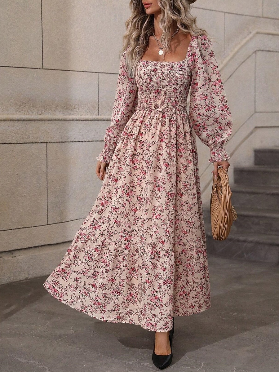 Dames Maxi-jurk A lijn jurk Casual Dagelijks Normale pasvorm Bloemig Grafisch Lange mouw Vierkante hals Zwart Blozend Roze Lente Herfst 2026 - $34.99 –P1