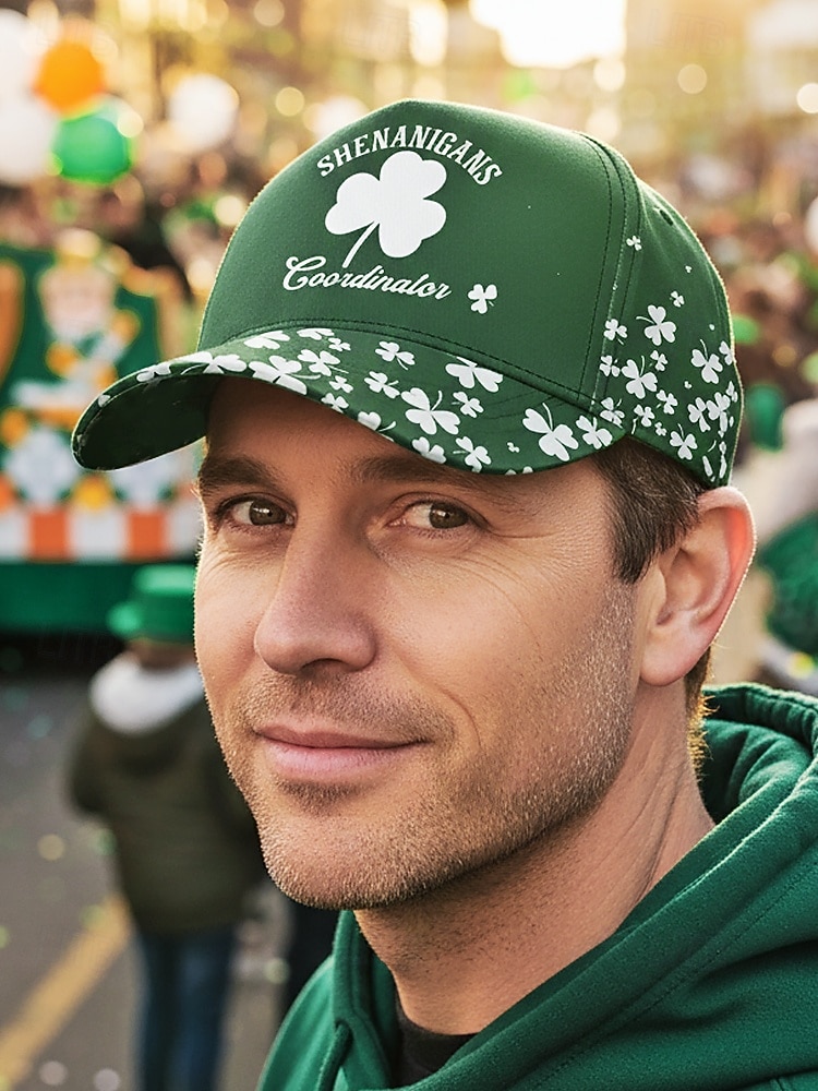 Gorra de poliéster para hombre, "Coordinador de Shenanigans" con estampado de trébol, varios colores, perfecta para el Día de San Patricio y para uso diario. 2026 - $14.99 –P3
