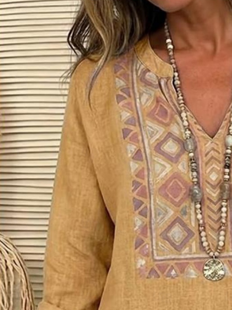 Mujer Camisa Sayo Estampado Graphic Geométrico Vintage Diario Elegante Manga Larga Escote en Pico Tops regulares Diario Festivos Amarillo Verano Primavera 2026 - $31.99 –P2