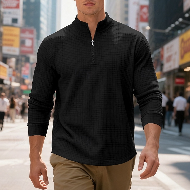 Per uomo Magliette Polo a Nido d'Ape Polo Vacanza Streetwear Zip a un quarto Manica Lunga Moda Essenziale Tinta unica Jacquard Primavera Autunno Vestibilità regolare Nero Bianco Vino Verde militare del 2026 a $22.99 –P11