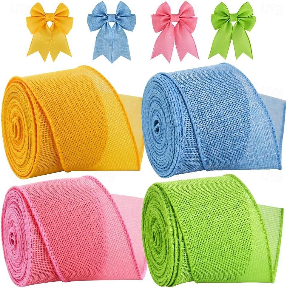 4 rollos de cinta de Pascua con alambre, arpillera rústica, cinta de alambre colorida para corona de Navidad, Halloween, otoño, lazo, artesanía, envoltura de regalos, fiesta, decoración bohemia 2026 - $9.99 –P4