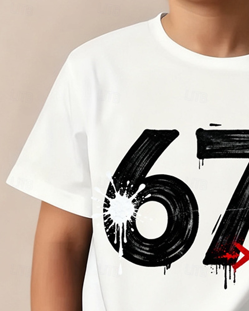 Baumwolle Kinder Jungen Weiß Grafik Lustiger Slang 67 T-Shirt Bluse Rundhalsausschnitt Kurzarm Outdoor Alltagskleidung Mode Streetwear Designer Drucken Sommer 2026 - $14.99 –P4