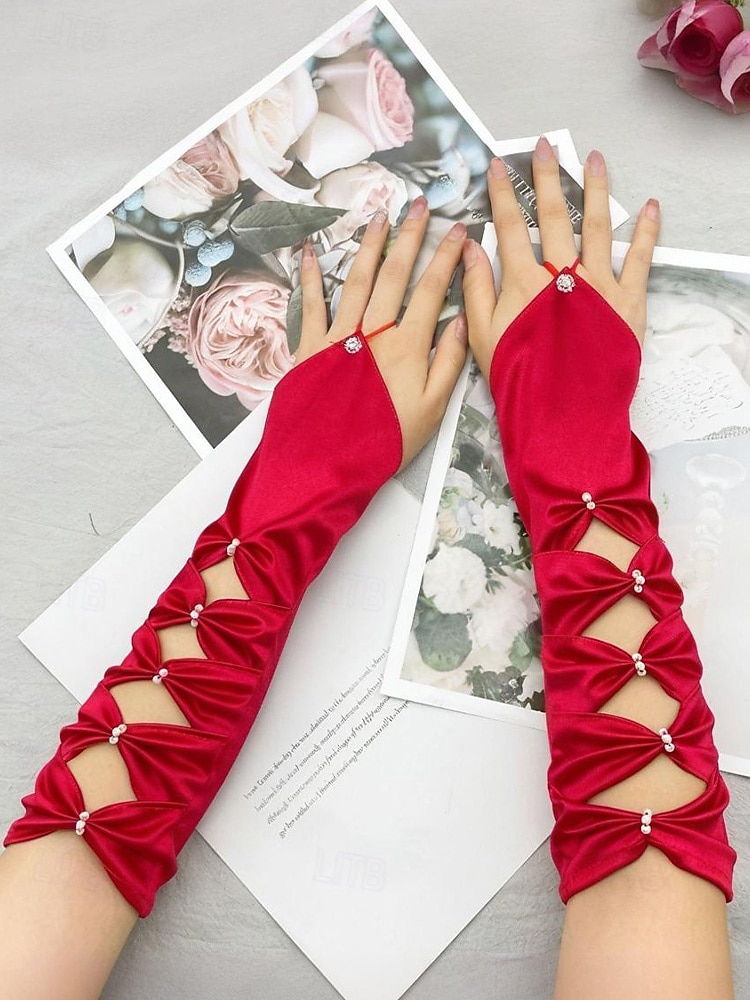 Luvas de cetim de poliéster femininas do Mardi Gras em várias cores design elegante com detalhes em pérolas perfeitas para carnaval e bailes de máscaras de 2026 por $11.99 –P6