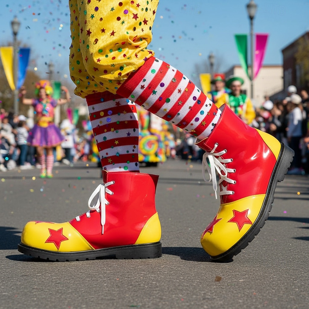 Scarpe da clown colorate da uomo da Mardi Gras gialle e rosse con design a fiamma perfette per carnevale performance di clown e feste in costume del 2026 a $94.99 –P4