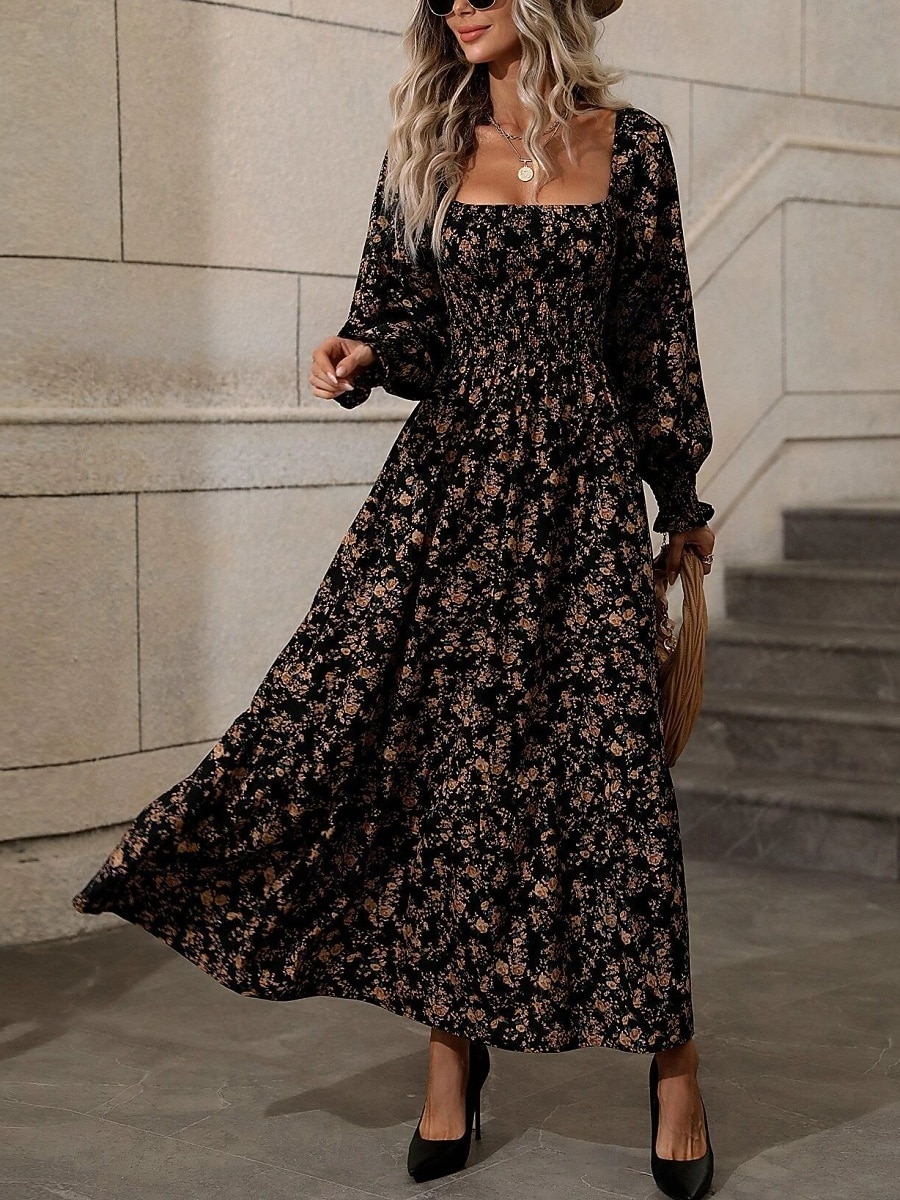 Dames Maxi-jurk A lijn jurk Casual Dagelijks Normale pasvorm Bloemig Grafisch Lange mouw Vierkante hals Zwart Blozend Roze Lente Herfst 2026 - $34.99 –P9