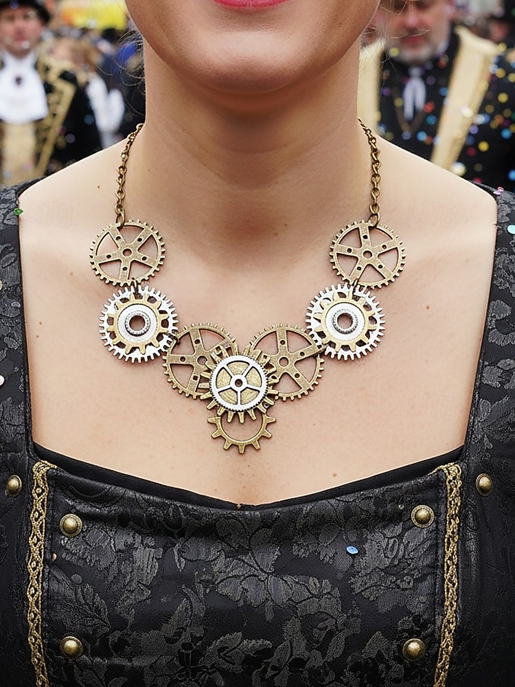 Dámský náhrdelník na Mardi Gras ve stylu steampunk s ozdobami - průmyslový kovový šperk pro karneval a tematické převleky 2026 - $11.99 –P3
