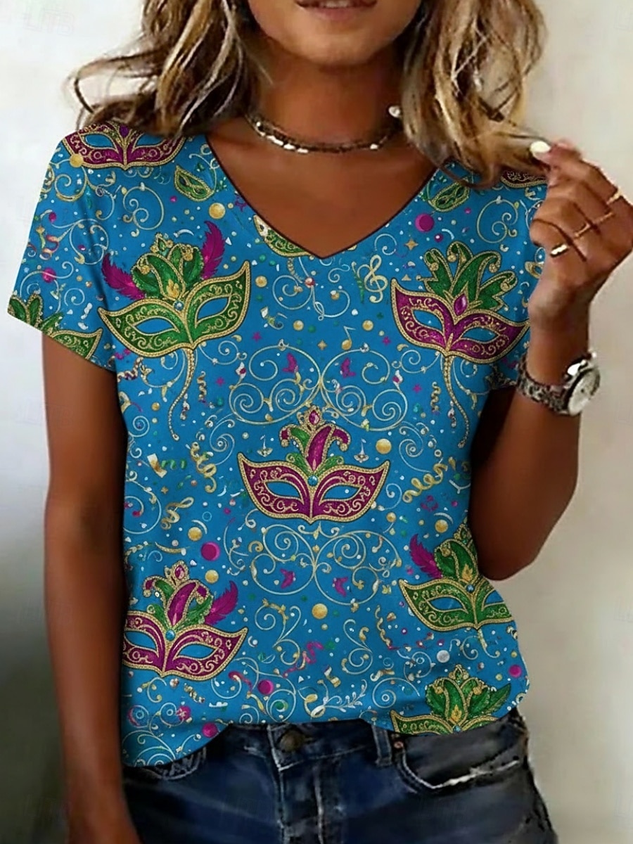Karnival Damen T Shirt Druck Grafik Vintage Lässig Kurzarm V Ausschnitt Normale Oberteile Täglich Wochenende Urlaubskleidung Blau Sommer Frühling 2026 - $19.49 –P1