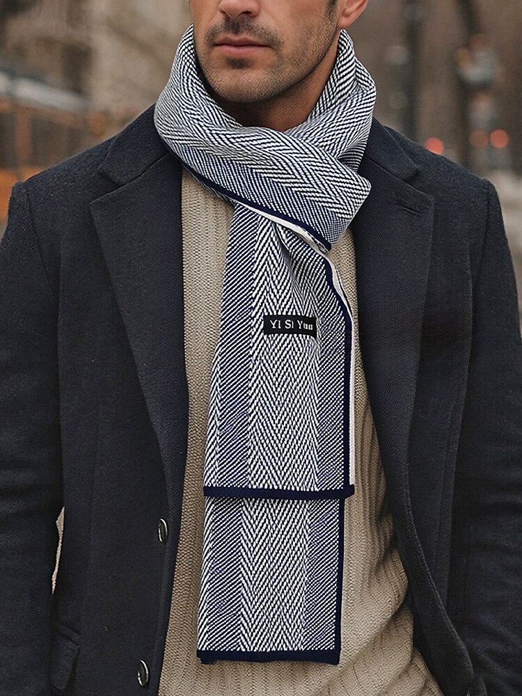мужской вязаный шарф с узором «ёлочка» — мягкий и стильный, многоцветный, идеально подходит для зимы и повседневной носки 2026 - $14.99 –P1