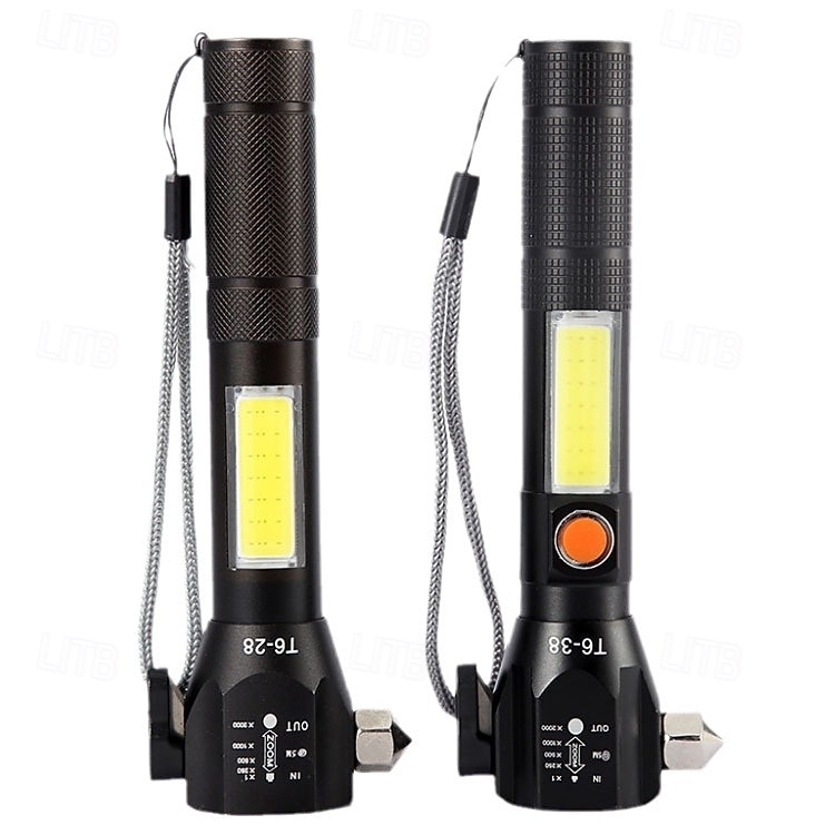 bilfönsterkrossare säkerhetsbältesklippare med LED-ficklampa, uppladdningsbar nödhammare, glaskrossverktyg, blixtljus med SOS-ljus 2026 - $23.99 –P3