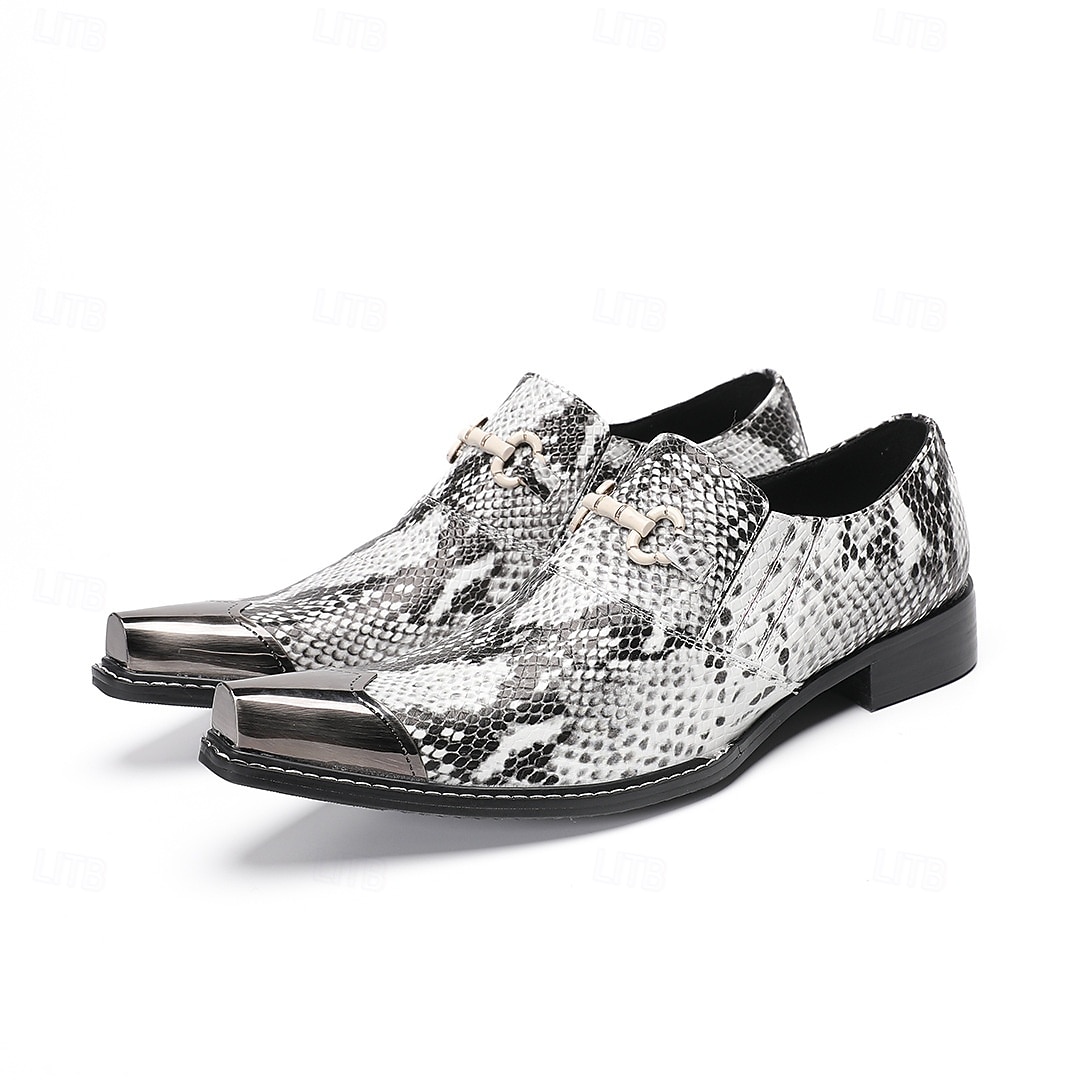 Men's White Snake Print Slip-On Shoes with Metal Accents – Stylish Formal Shoes for Evening Wear and Fashion-Forward Occasions 2026 - $119.99 –P6