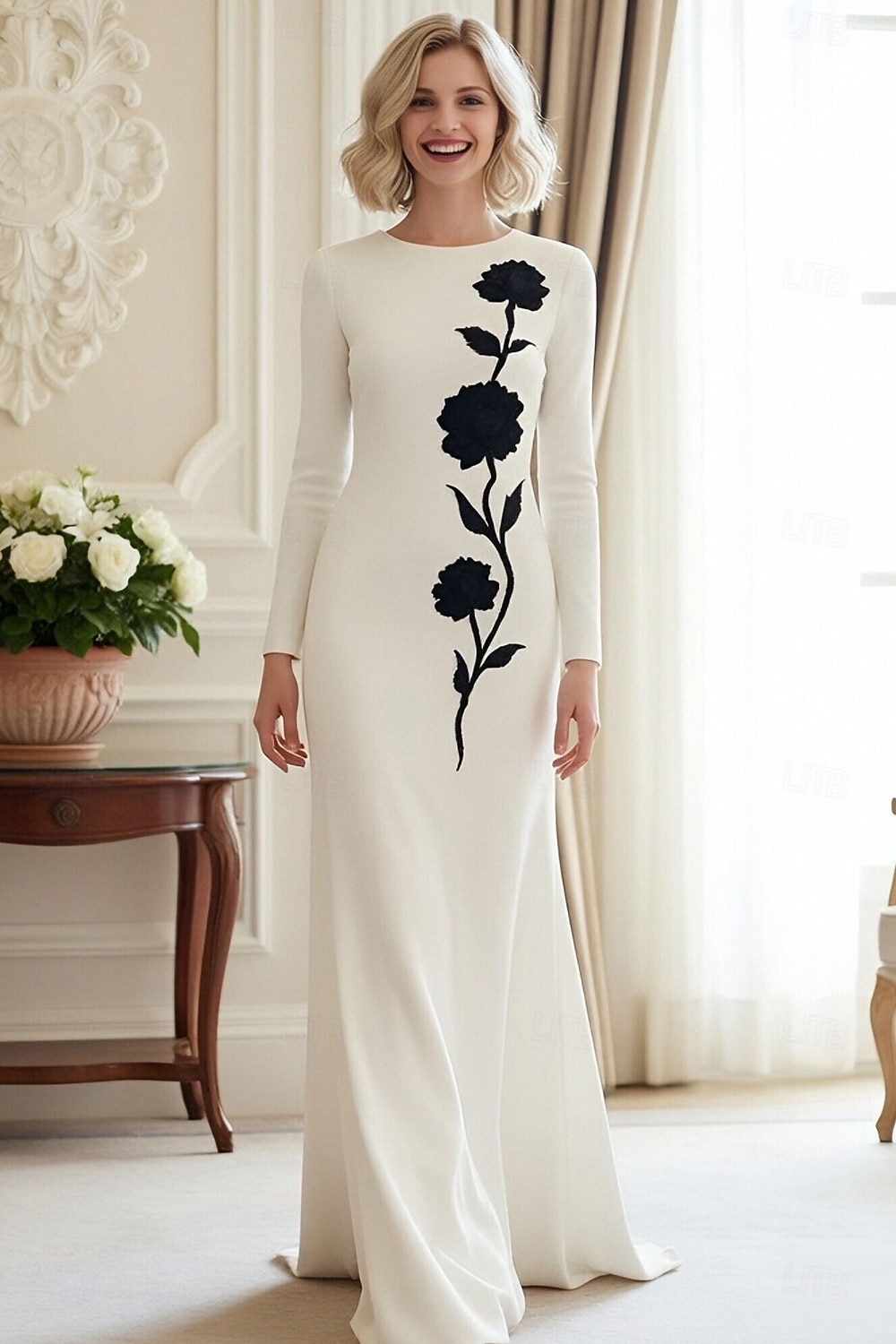 Rochii formale A-Line cu tren de perie rochii de seară rochie de seară elegantă vintage cu mâneci lungi gât rotund nuntă formal cu flori 3D cristale și broderie 2026 - $160.99 –P1