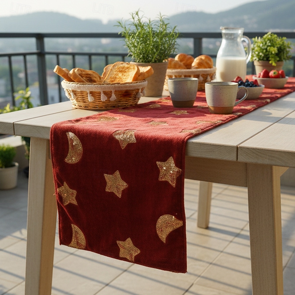 Ramadan Eid Nordic Green & Gold Star & Moon Sequin Embroidered Table Runner, Scandinavian Style, Holiday and Daily Dining Room Decor, Perfect for Parties and Sideboard Decoration 2026 - $17.49 –P7