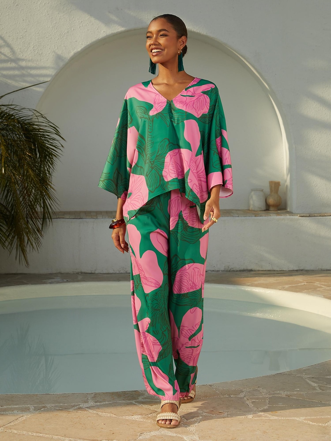 Vacation Contrast Geometric Print Dolman Sleeve Satin Top 2026 - $67.99 –P2