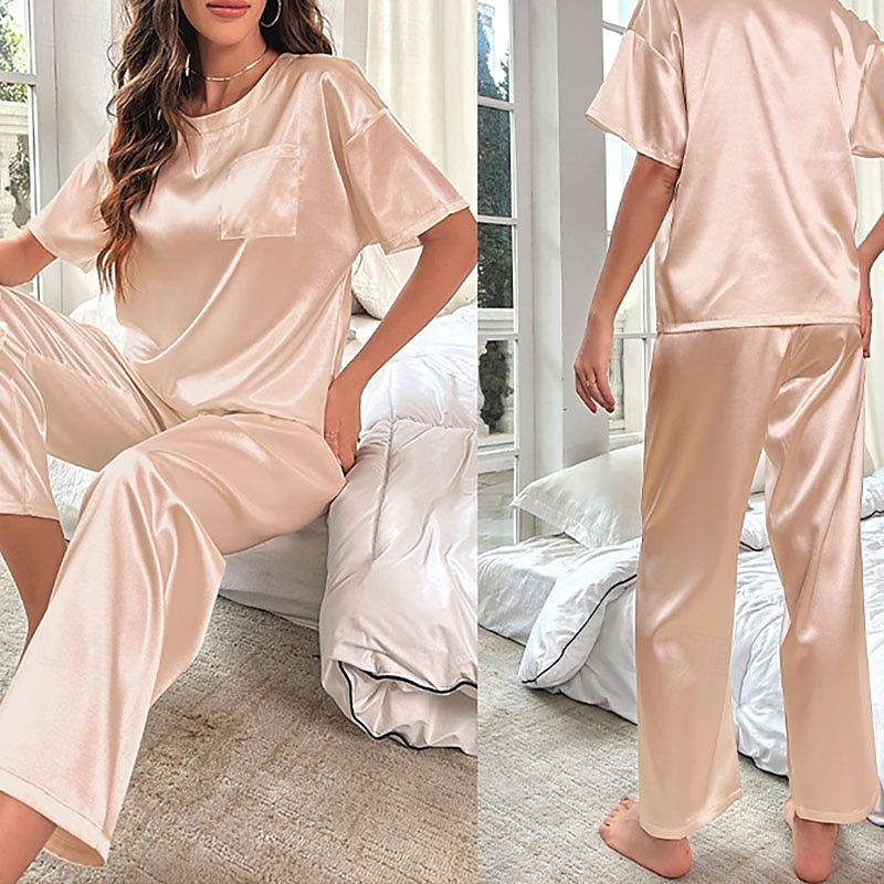 Mujer Ropa de salón Conjunto pijama Moda Casual Suave Color puro Retazos Pantalón Hogar Vacaciones Manga Corta Cuello Barco Azul Piscina Negro Vino Morado Caqui Verano Primavera Otoño Ajuste regular 2026 - $37.99 –P2