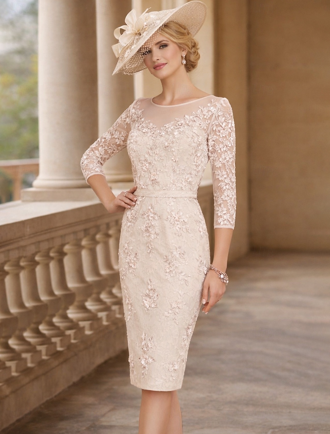 Două Piese Coloană Teacă Lungime Genunchi Rochie pentru invitata de nunta Rochie Mama Miresei Lungime Manșon 3/4 Boat Neck Elegant Epocă Plus Size Invitat la nunta Biserică Șifon Dantelă Rochii 2026 - $172.99 –P2