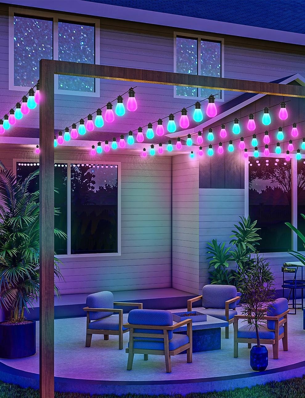 2026年 スマートな屋外用ストリングライト、調光可能な LED 電球を備えた RGB 屋外用ライト、IP65 防水、パティオ、裏庭用のシーンモードを備えた色が変わる温白色ライト、アプリ制御  コレクション – $53.87 –P3
